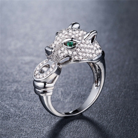 Leopard 925 Silver  Emerald&white sapphire Ring - Picture 2 of 3